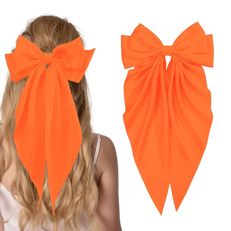 illpta Large Satin Bow Barrettes Clips in Orange, Bow Hair Clips for Women, Long Ribbon Hair Accessories Gifts for Girls(Orange) - Image 1